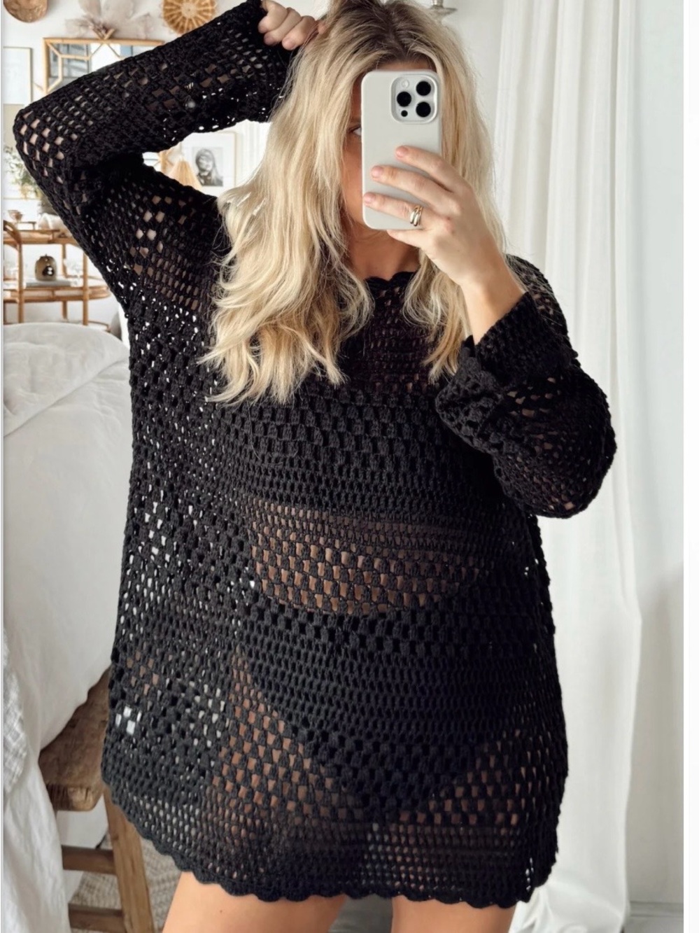 Black Crochet Swim Cover-Up Tunic - Women Swim